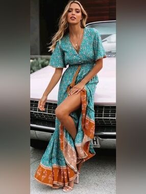 Boho, Flowy - R.Vivimos Teal Floral Women's Dress - Teal Floral